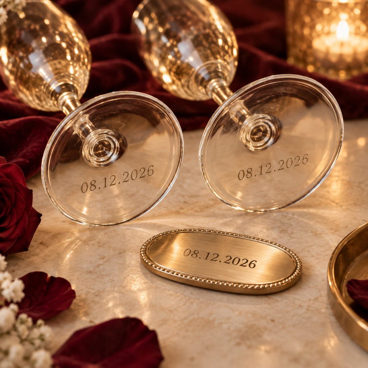 Anniversary date engraved on glassware and a gold keepsake