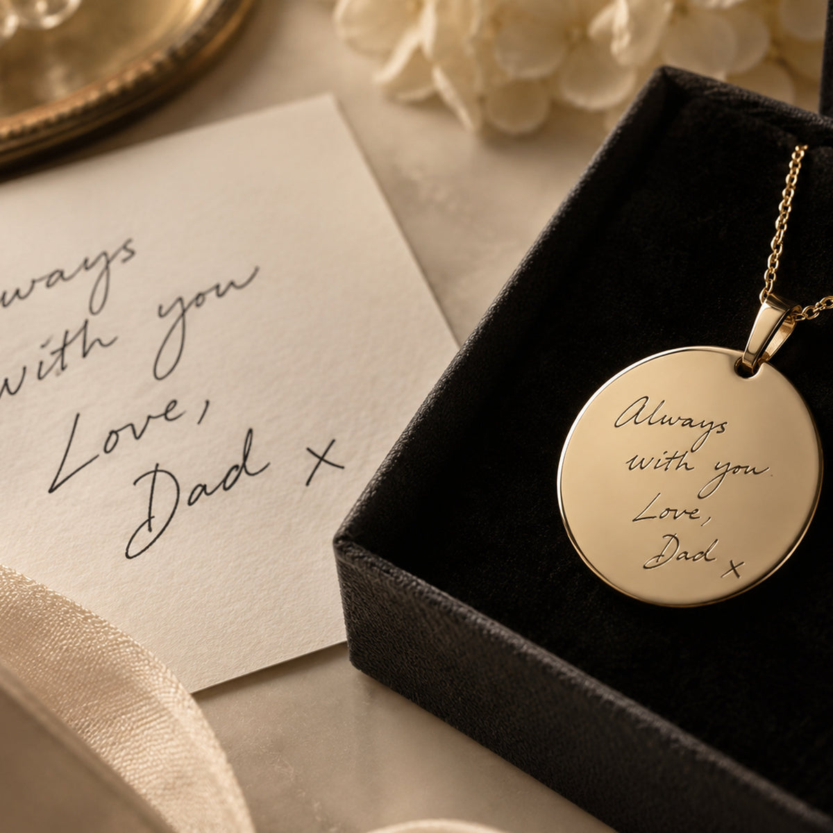 Personal signature engraving on a keepsake pendant