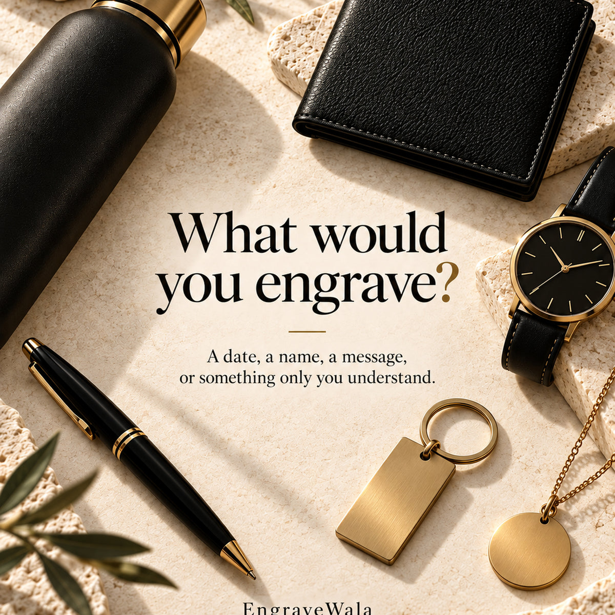 Premium engraving placement examples across multiple personal objects