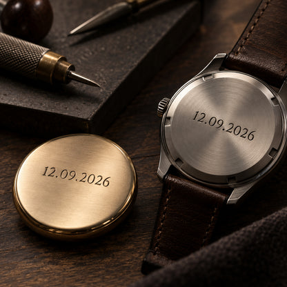 Date engraving on a watch caseback and metal keepsake