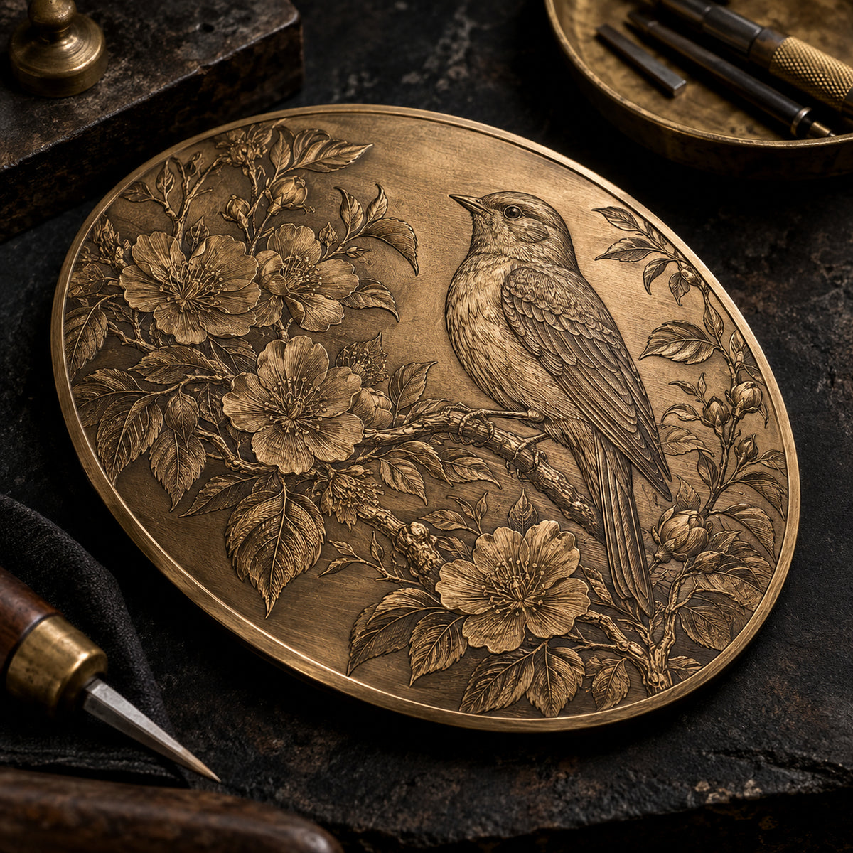 Detailed artwork engraving on a brass plaque