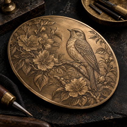 Detailed artwork engraving on a brass plaque