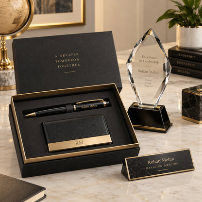 Black and gold leadership gift engraving set