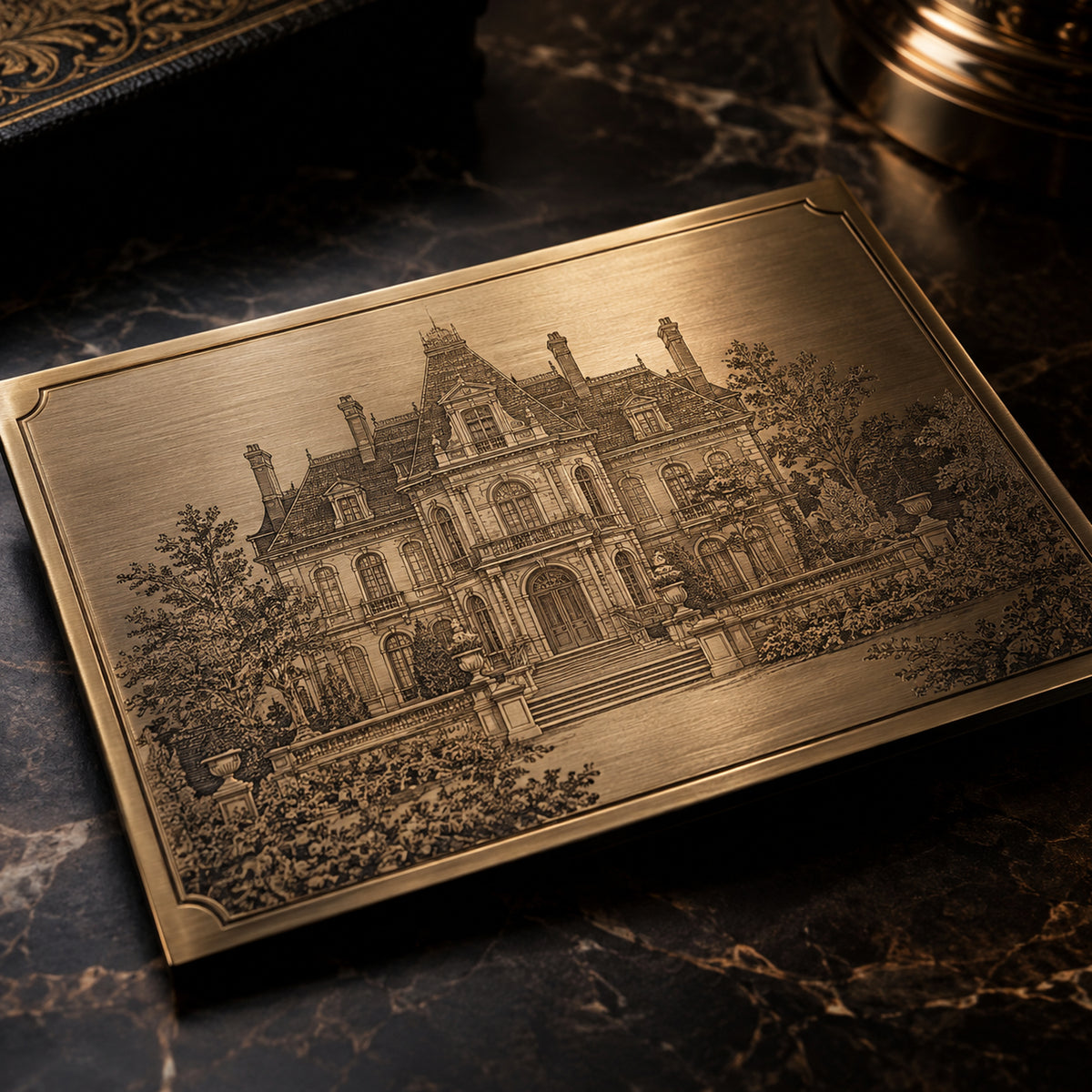 Detailed engraved bronze artwork plaque