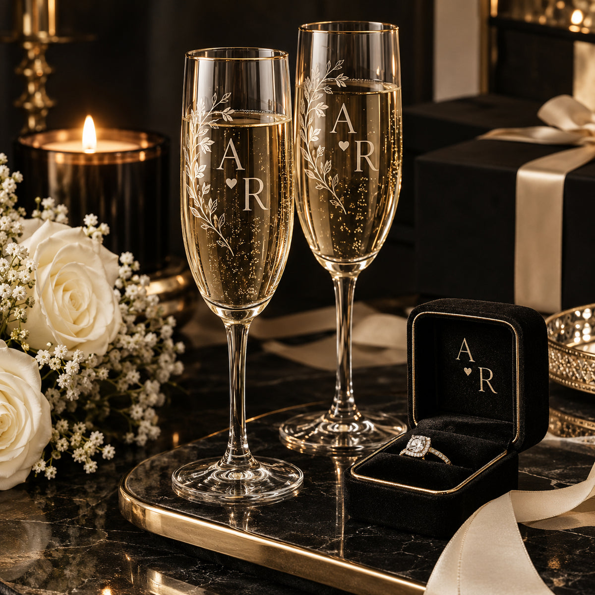 Luxury personalised champagne glassware for wedding and anniversary gifts