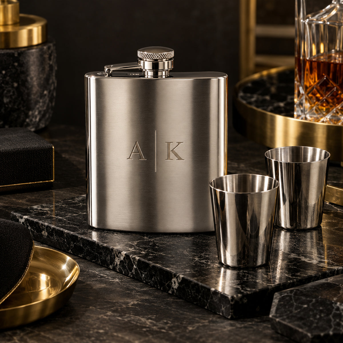 Personal message engraving on a luxury flask and whiskey gift set