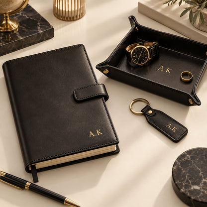 Monogram engraving on premium leather desk accessories