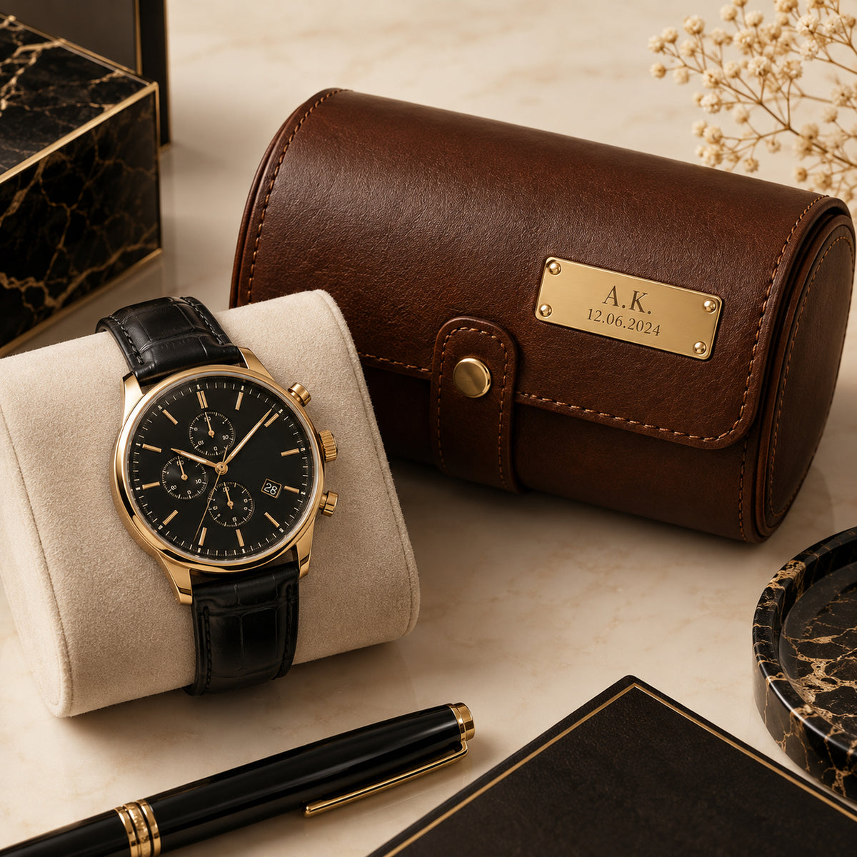 Premium watch and engraved leather watch roll