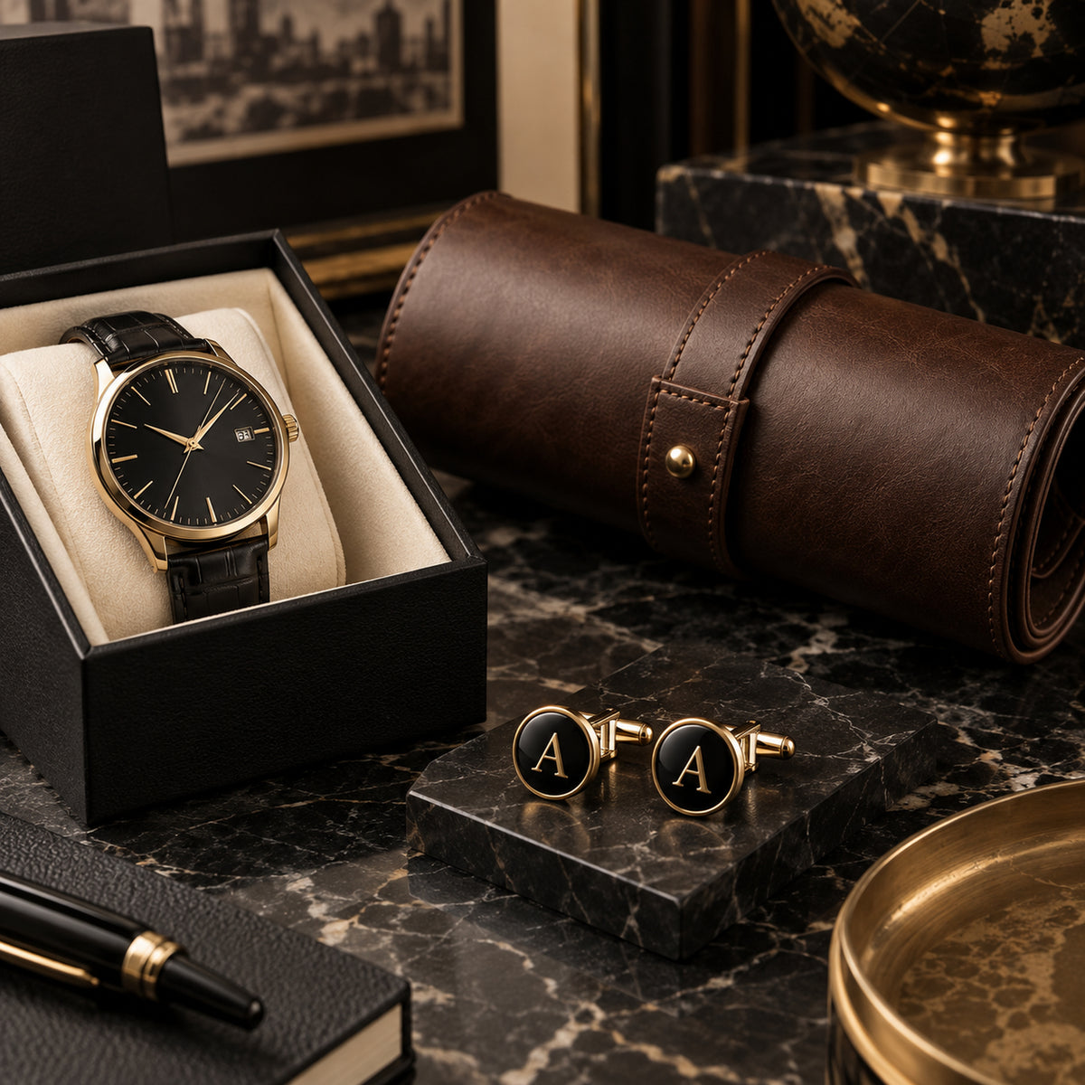 Luxury watch and cufflink engraving still life
