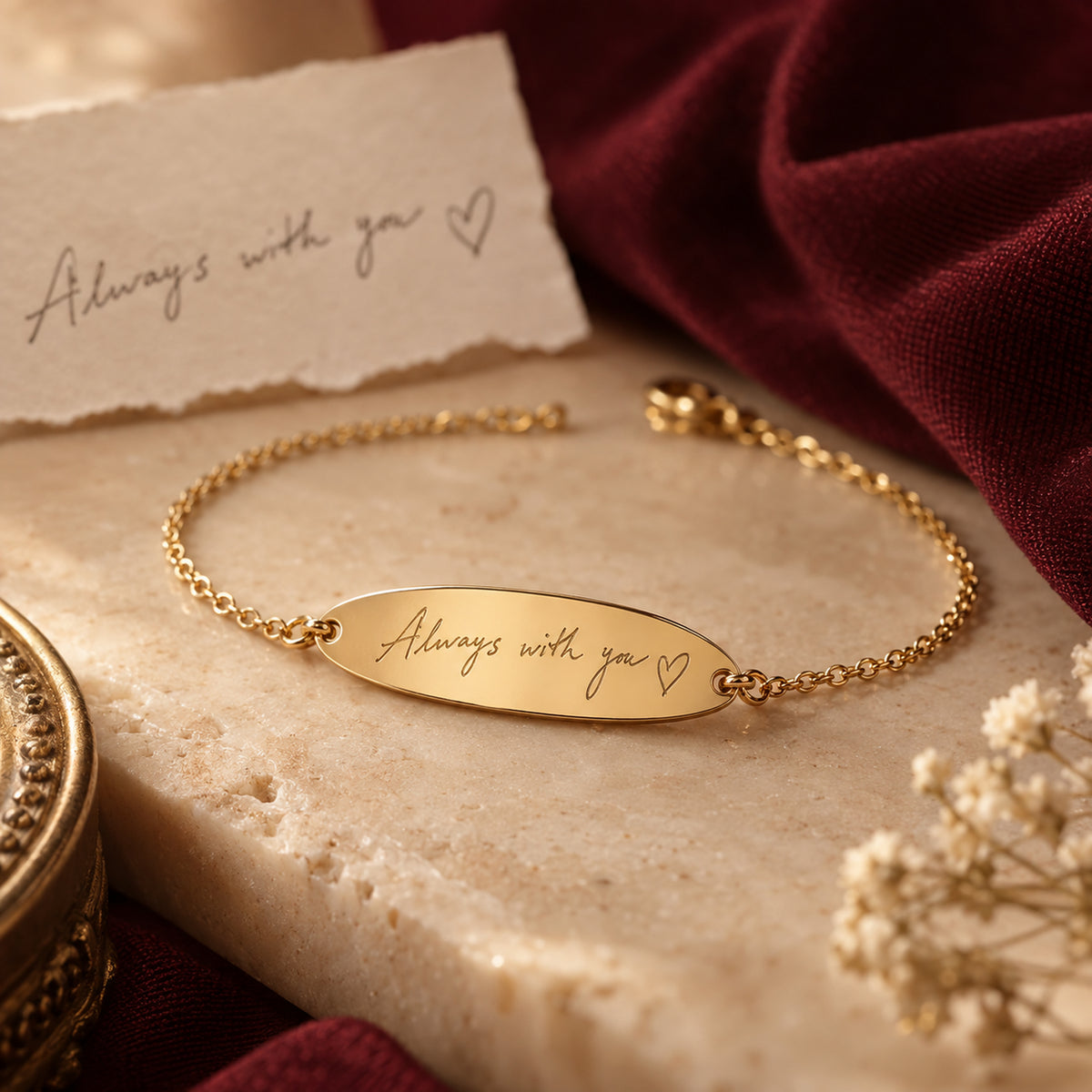 Personal handwriting engraved on a gold bracelet