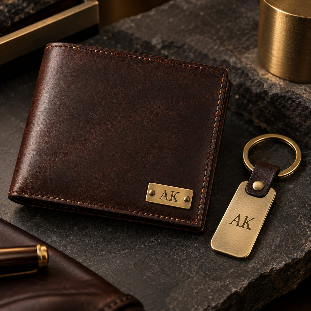 Initials engraving on a leather wallet and key tag