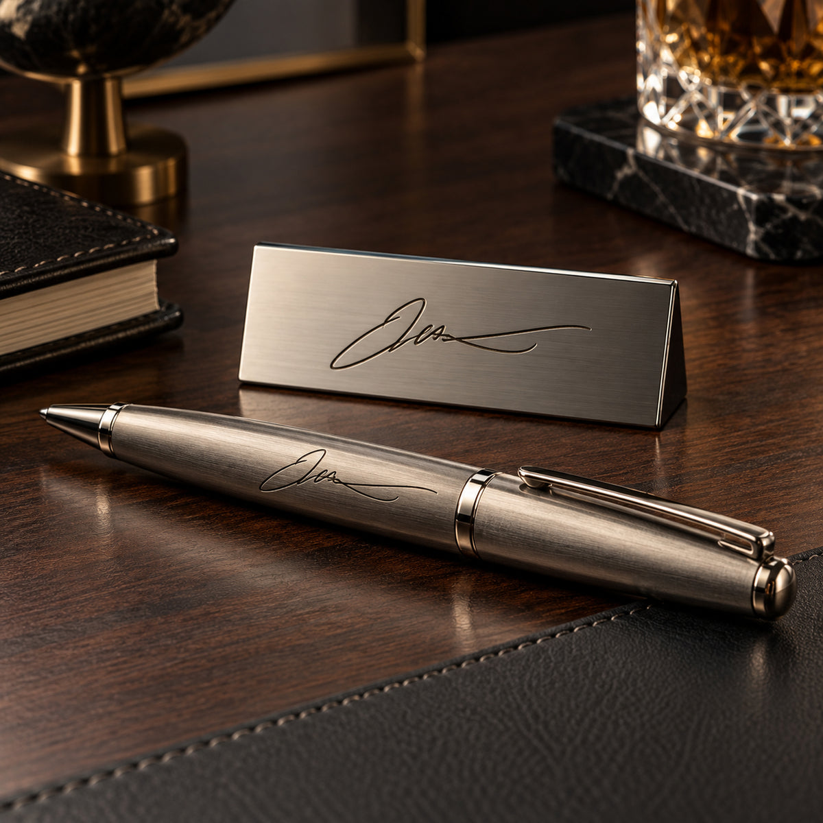 Personal signature engraved on a premium pen and nameplate
